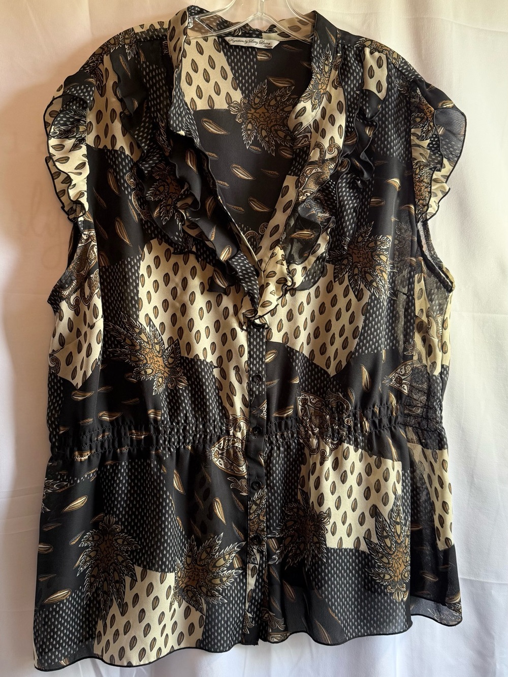 Signature by Larry Levine Black, Cream & Gold Ruffled Sleeveless Blouse Size 3X